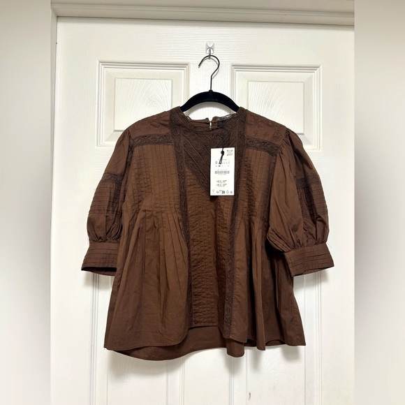 NWT ZARA Lace Puff Sleeve Blouse - Picture 6 of 10